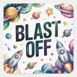 "Blast Off Space Boy Astronaut Birthday Party" Quadratischer Aufkleber