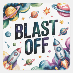 "Blast Off Space Boy Astronaut Birthday Party" Quadratischer Aufkleber