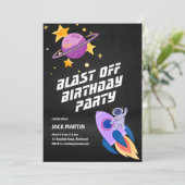 Blast Off Space Thema Geburtstagseinladung Einladung (Stehend Vorderseite)