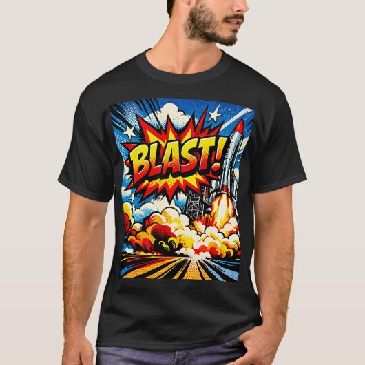 BLAST! Retro-Pop-Art-Raketenexplosion T-Shirt (Vorderseite)