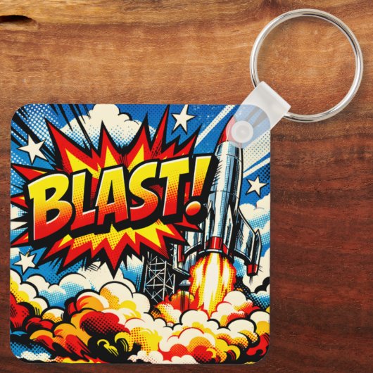 BLAST! Retro Pop Art Rocket Explosion Schlüsselanhänger (Rückseite)