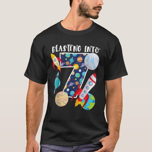Blasting Into Outer Space 7 Year Old 7th Birthday  T-Shirt (Vorderseite)