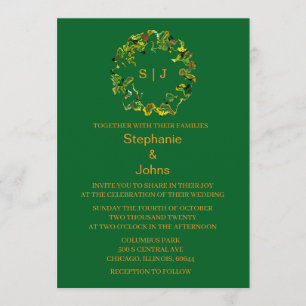 Blatt-Crest-Monogramm Orange Grüner Wald Hochzeit Einladung