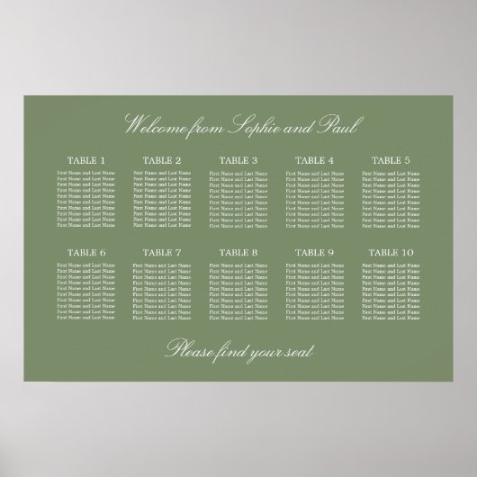Blatt Green 10 Table Wedding Seating Chart Poster (Vorne)