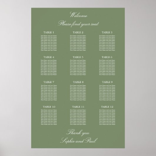 Blatt Green 12 Table Wedding Seating Chart Poster (Vorne)