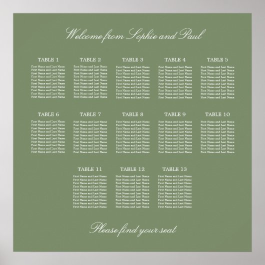 Blatt Green 13 Table Wedding Seating Chart Poster (Vorne)