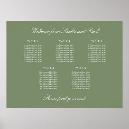 Blatt Green 5 Table Wedding Chart Poster (Vorne)