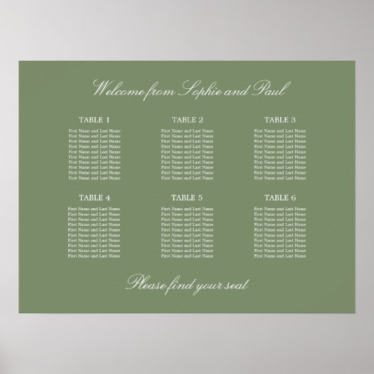 Blatt Green 6 Table Wedding Chart Poster (Vorne)