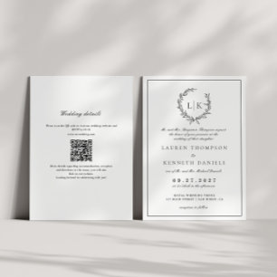 Blatt-Monogramm-Wappen Schwarz Weiß QR-Code Hochze Einladung