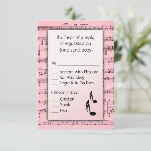 Blatt Music Pink UAWG Menu Auswahl RSVP Karte (Stehend Vorderseite)