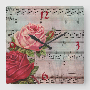 Blatt-Musik mit Rosen-Wand-Uhr Quadratische Wanduhr