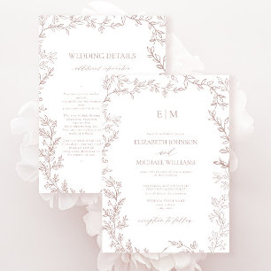 Blatt Staubige Rose Elegante Monogramm-Details Hoc Einladung