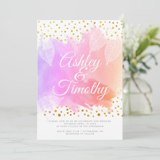 Blätter auf einer Hochzeit mit rosa Aquarellkallig Einladung (Stehend Vorderseite)