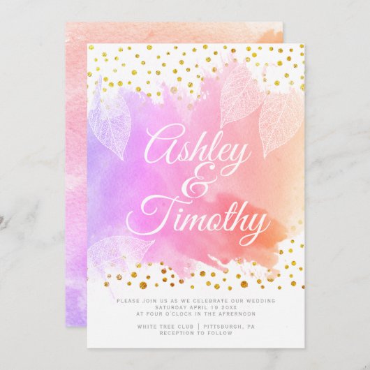 Blätter auf einer Hochzeit mit rosa Aquarellkallig Einladung (Vorne/Hinten)