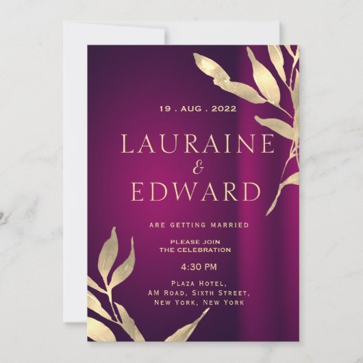 Blätter aus Burgunder Rot und Goldfolie Einladung (Vorderseite)