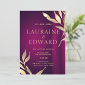 Blätter aus Burgunder Rot und Goldfolie Einladung (Stehend Vorderseite)