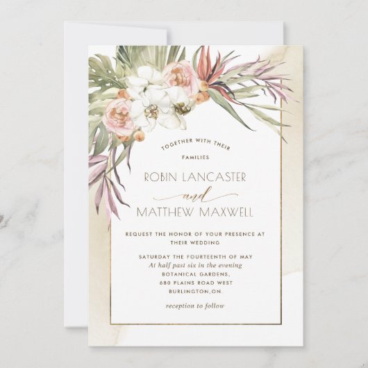 Blätter aus getrocknetem Palm, Hochzeit von tropis Einladung (Vorderseite)