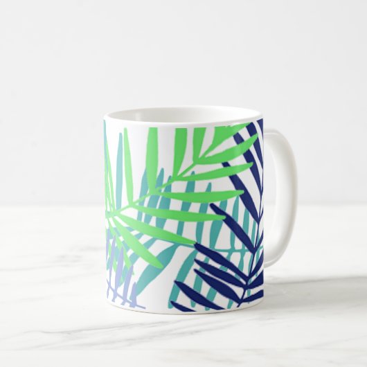 Blätter aus Palm in Blau und Grün Kaffeetasse (VorderseiteRechts)