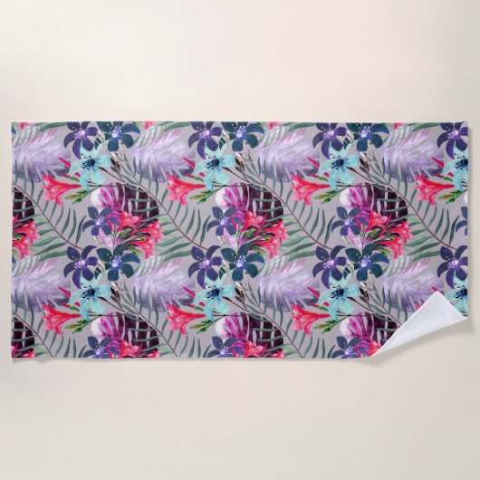 Blätter aus Palmen, blumenreich, botanisch, bunt,  Strandtuch (Vorderseite)