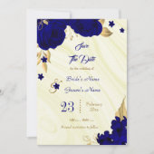 Blätter aus royalblauem Gold Save The Date (Vorderseite)