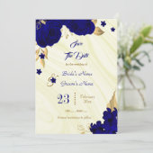 Blätter aus royalblauem Gold Save The Date (Stehend Vorderseite)