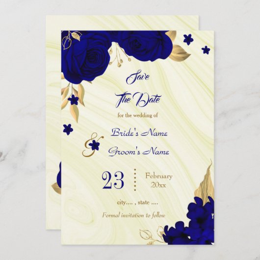 Blätter aus royalblauem Gold Save The Date (Vorne/Hinten)
