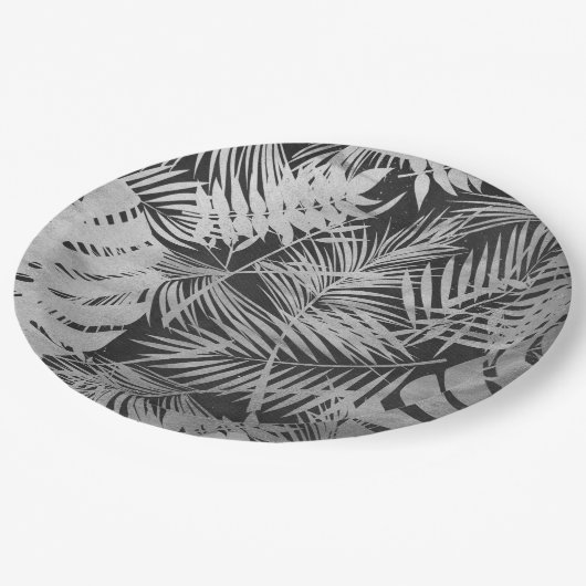 Blätter aus Schwarz-Weiß-Palmen Pappteller (Schrägansicht)