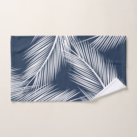 Blätter aus weißer Handfläche auf dunkelblauem Hin Badhandtuch Set (Handtuch)