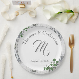 Blätter aus weißer Spitze und Rose Papierplatte Pappteller