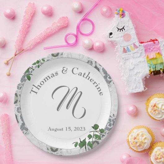 Blätter aus weißer Spitze und Rose Papierplatte Pappteller (Party)