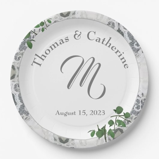 Blätter aus weißer Spitze und Rose Papierplatte Pappteller (Vorderseite)