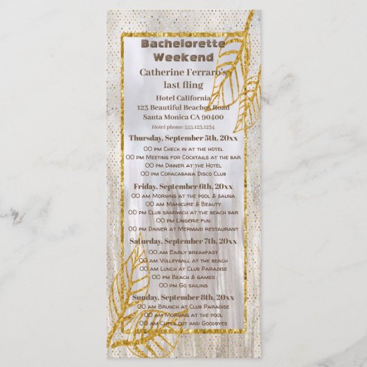 Blätter Bachelorette Wochenende in Bachelorette Menükarte (Vorderseite)