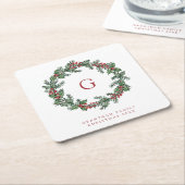 Blätter & Berries Wreath Monogram Weihnachten Rechteckiger Pappuntersetzer (angewinkelt)