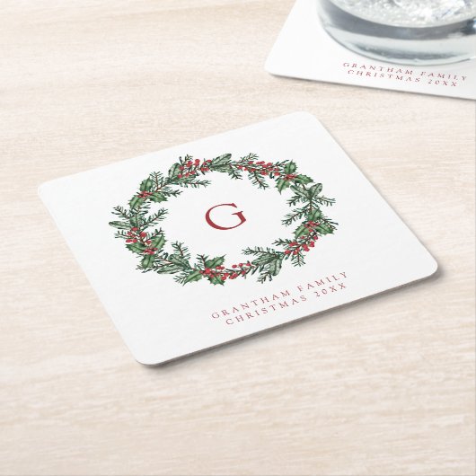 Blätter & Berries Wreath Monogram Weihnachten Rechteckiger Pappuntersetzer (angewinkelt)