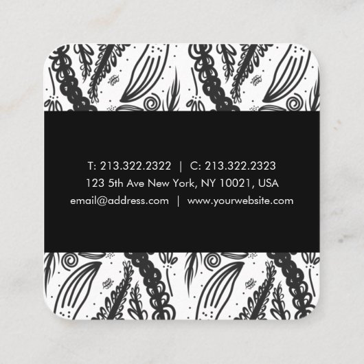 Blätter Blume Polka Punkte Muster Schwarz-weiß Quadratische Visitenkarte (Rückseite)