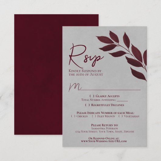 Blätter Burgund & Gray Wasserfarbenhochzeit RSVP Karte (Vorne/Hinten)