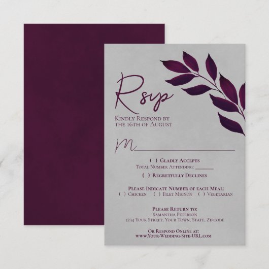 Blätter Cassis Lila & Gray Wedding RSVP Karte (Vorne/Hinten)