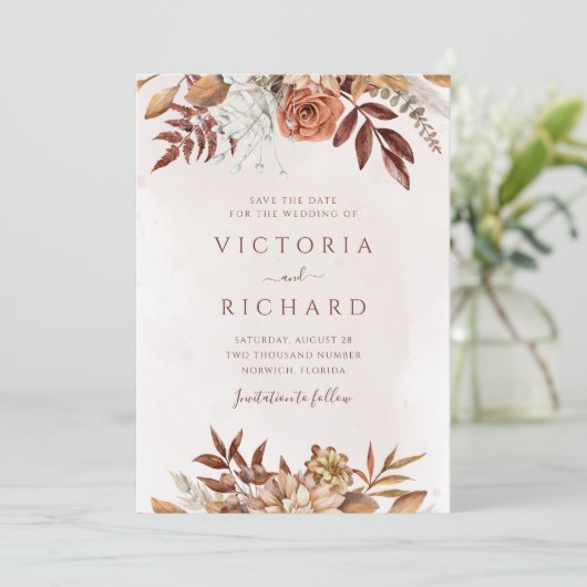 Blätter der Blütenblüte Botanisch Rustikal Save The Date (Stehend Vorderseite)