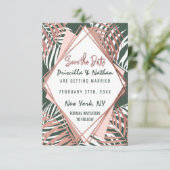 Blätter der grünen Rose Gold Tropical Palm Tree Save The Date (Stehend Vorderseite)