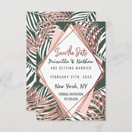 Blätter der grünen Rose Gold Tropical Palm Tree Save The Date (Vorne/Hinten)