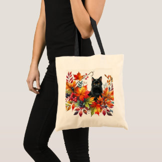 Blätter der Herbstsaison und Black Cat Tragetasche