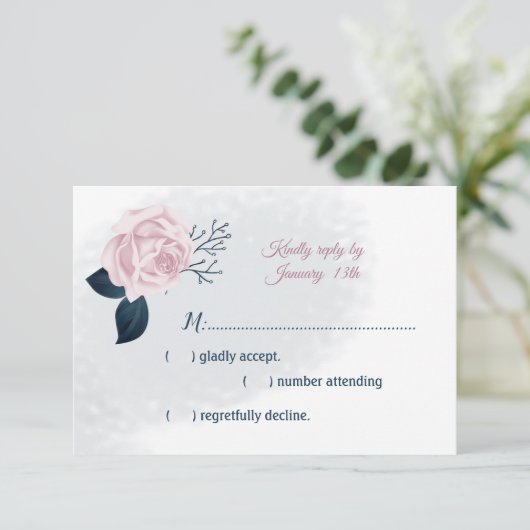 Blätter der Marine und rosa Blume RSVP Karte (Stehend Vorderseite)