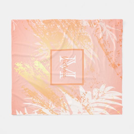 Blätter der Rose Coral Gold tropische Palmen Fleecedecke (Vorderseite (Horizontal))