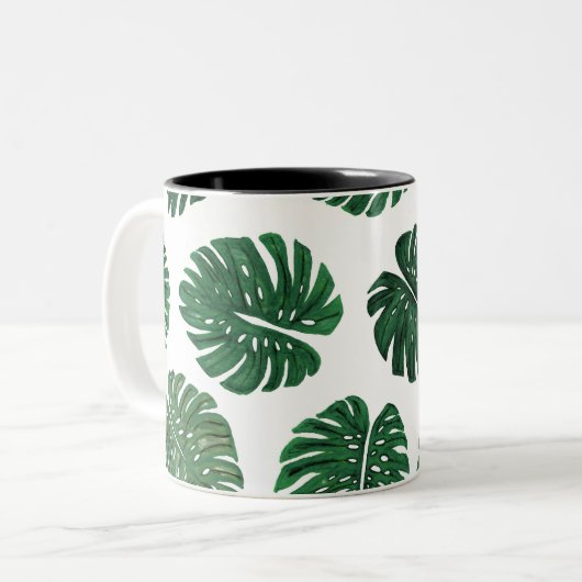 Blätter der Schweizer Pflanze Tropical Hand Painte Zweifarbige Tasse (Vorderseite Links)