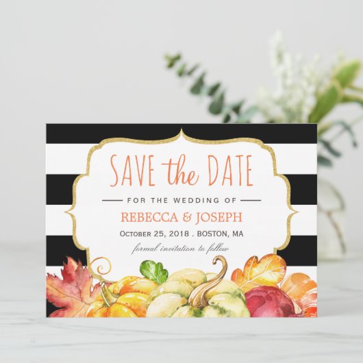 Blätter des Kürbiskerns im Herbst fallen Save the  Save The Date (Stehend Vorderseite)