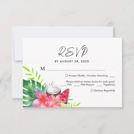 Blätter des tropischen Paradies Palm Wedding RSVP Karte (Vorderseite)