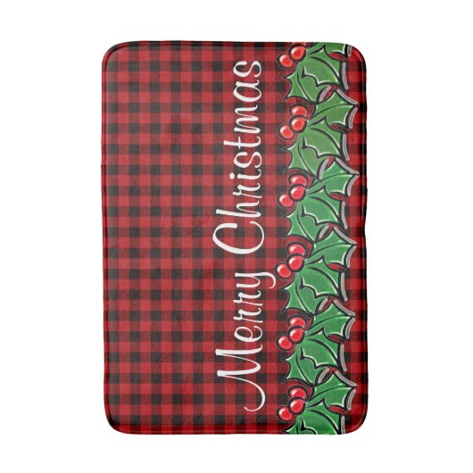 Blätter des Weihnachtsklassikers Red Kariert Holly Badematte (Vorderseite Vertikal)