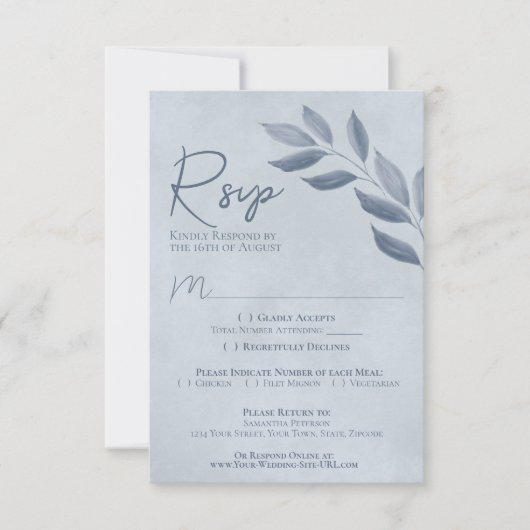 Blätter Dusty Blue Watercolor Wedding RSVP Karte (Vorderseite)