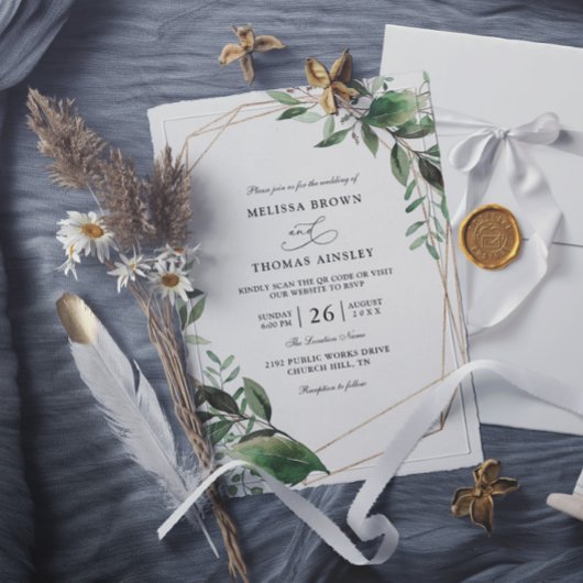 Blätter Eukalyptus Gold Budget QR-Code Hochzeit Einladung