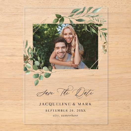 Blätter & Eukalyptus Gold H Foto Save the Date Acryleinladungen (Vorderseite)